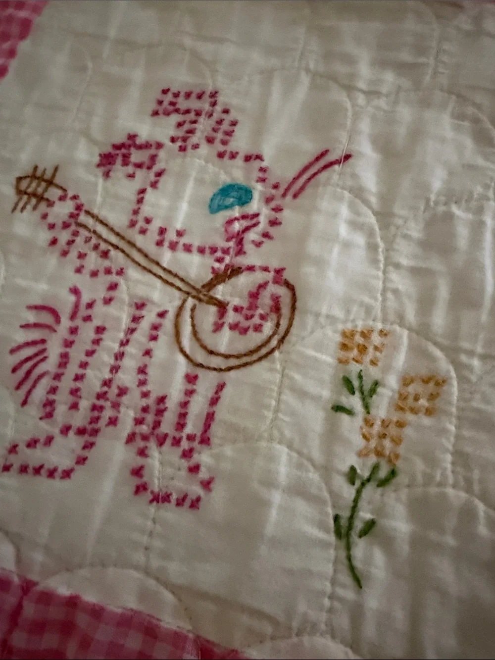 Pink and White Embroidered Baby Quilt - Cute Animal Patchwork handmade vintage